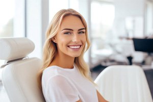 Happy, smiling patient in dental treatment chair