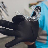 Gloved hand holding clear aligner for in-office orthodontic treatment