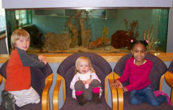 Three children in front of dental office fish tank