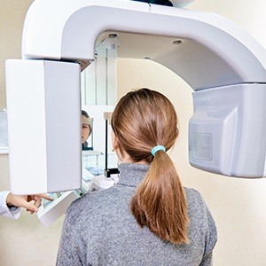 Patient receiving 3 D C T cone beam scanner
