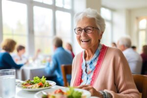 Senior woman sitting at table, eating a meal