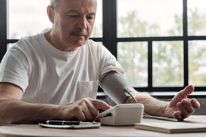 Man tracking his blood pressure at home