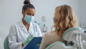 Dentist taking notes while speaking to patient